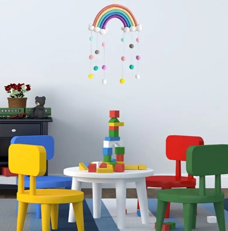 Macrame Rainbow Pom Pom cot mobile - nursery decor