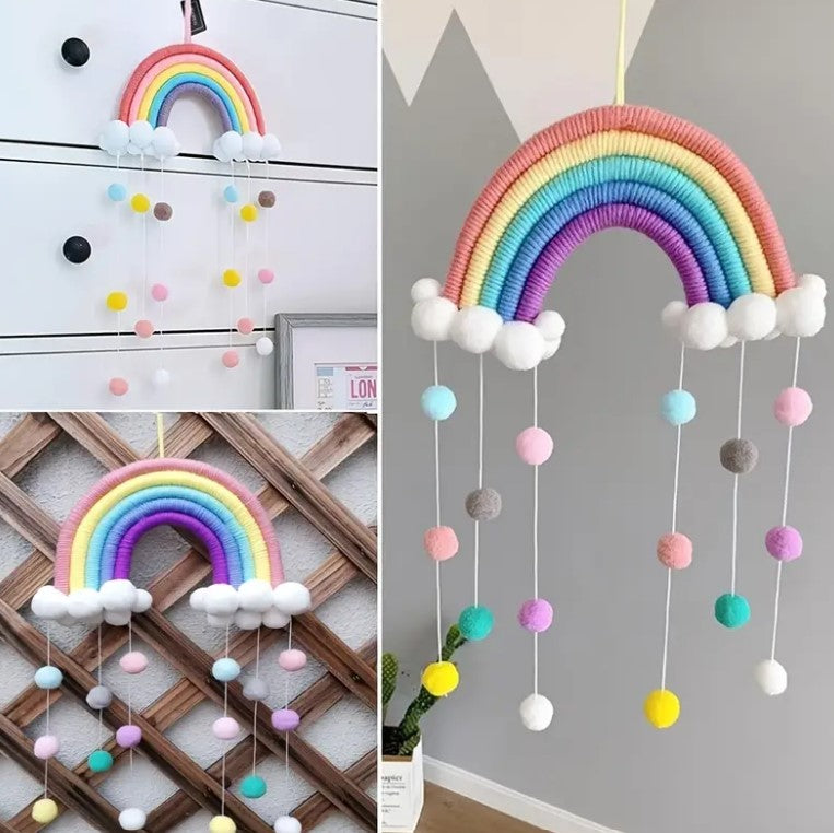 Macrame Rainbow Pom Pom cot mobile - nursery decor