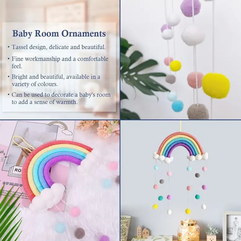 Macrame Rainbow Pom Pom cot mobile - nursery decor