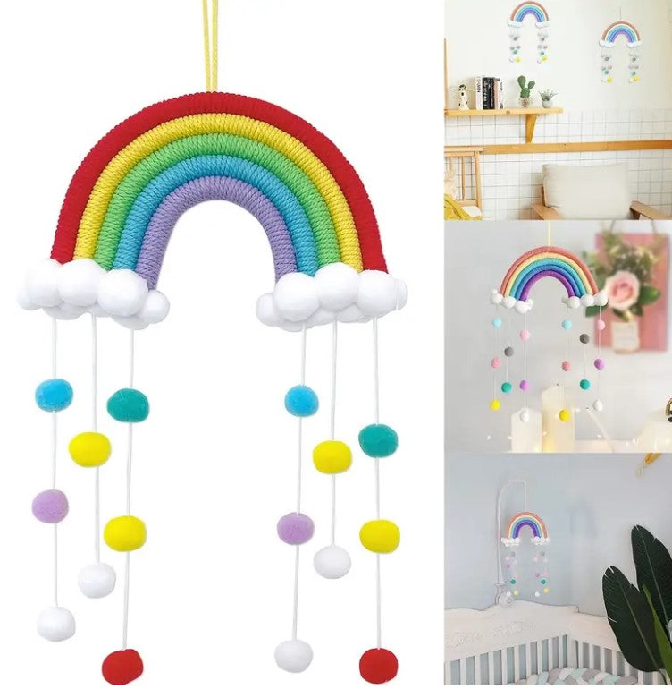 Macrame Rainbow Pom Pom cot mobile - nursery decor