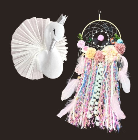 Floral dream catcher with pom poms and feathers - kids wall decor