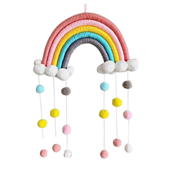 Macrame Rainbow Pom Pom cot mobile - nursery decor