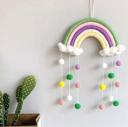 Macrame Rainbow Pom Pom cot mobile - nursery decor