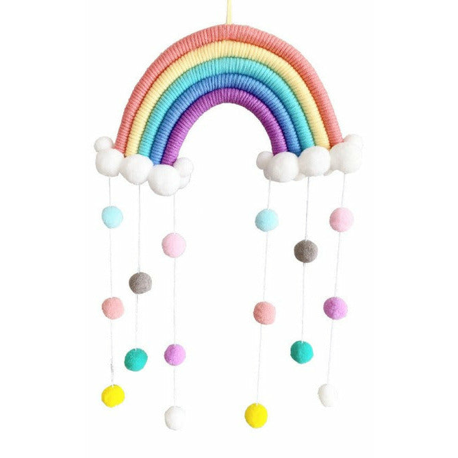 Macrame Rainbow Pom Pom cot mobile - nursery decor