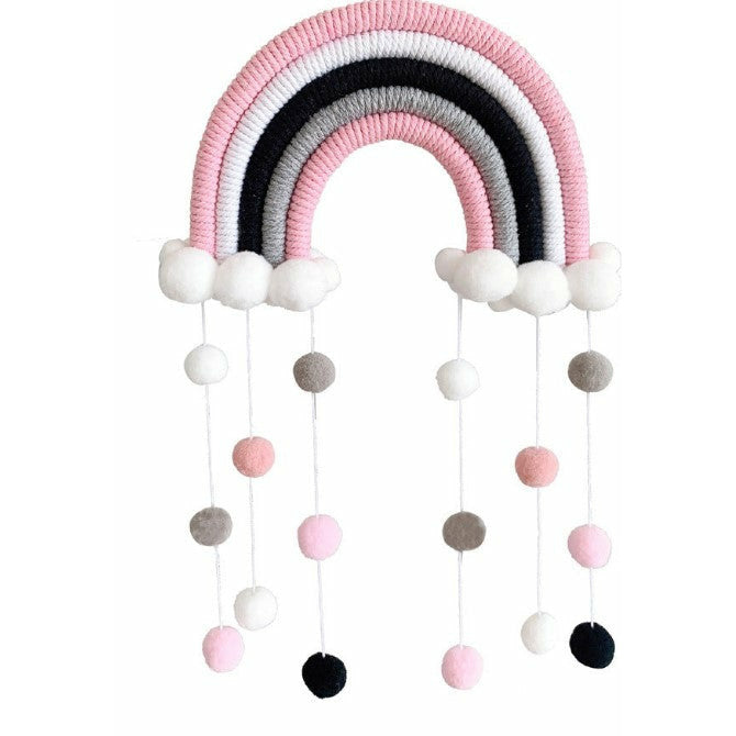 Macrame Rainbow Pom Pom cot mobile - nursery decor