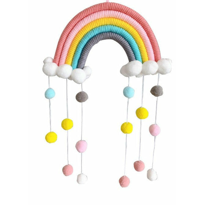 Macrame Rainbow Pom Pom cot mobile - nursery decor