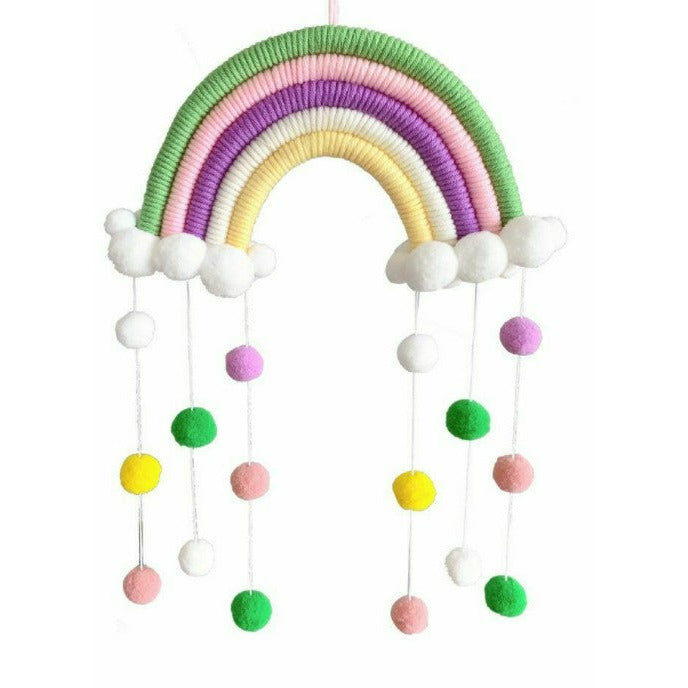 Macrame Rainbow Pom Pom cot mobile - nursery decor