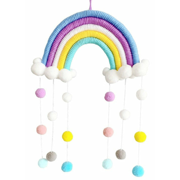 Macrame Rainbow Pom Pom cot mobile - nursery decor