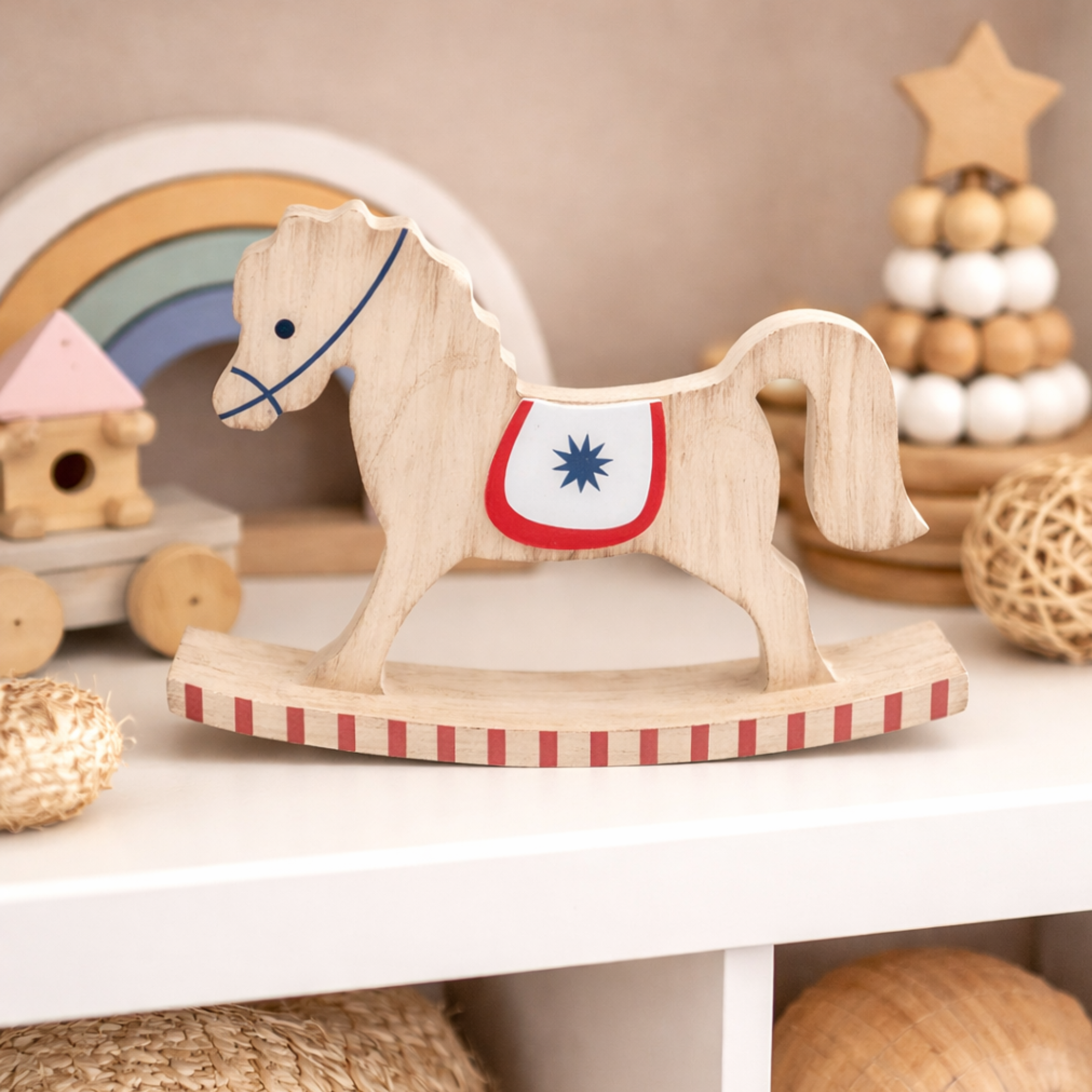 Neutral baby room ornament wooden rocking horse
