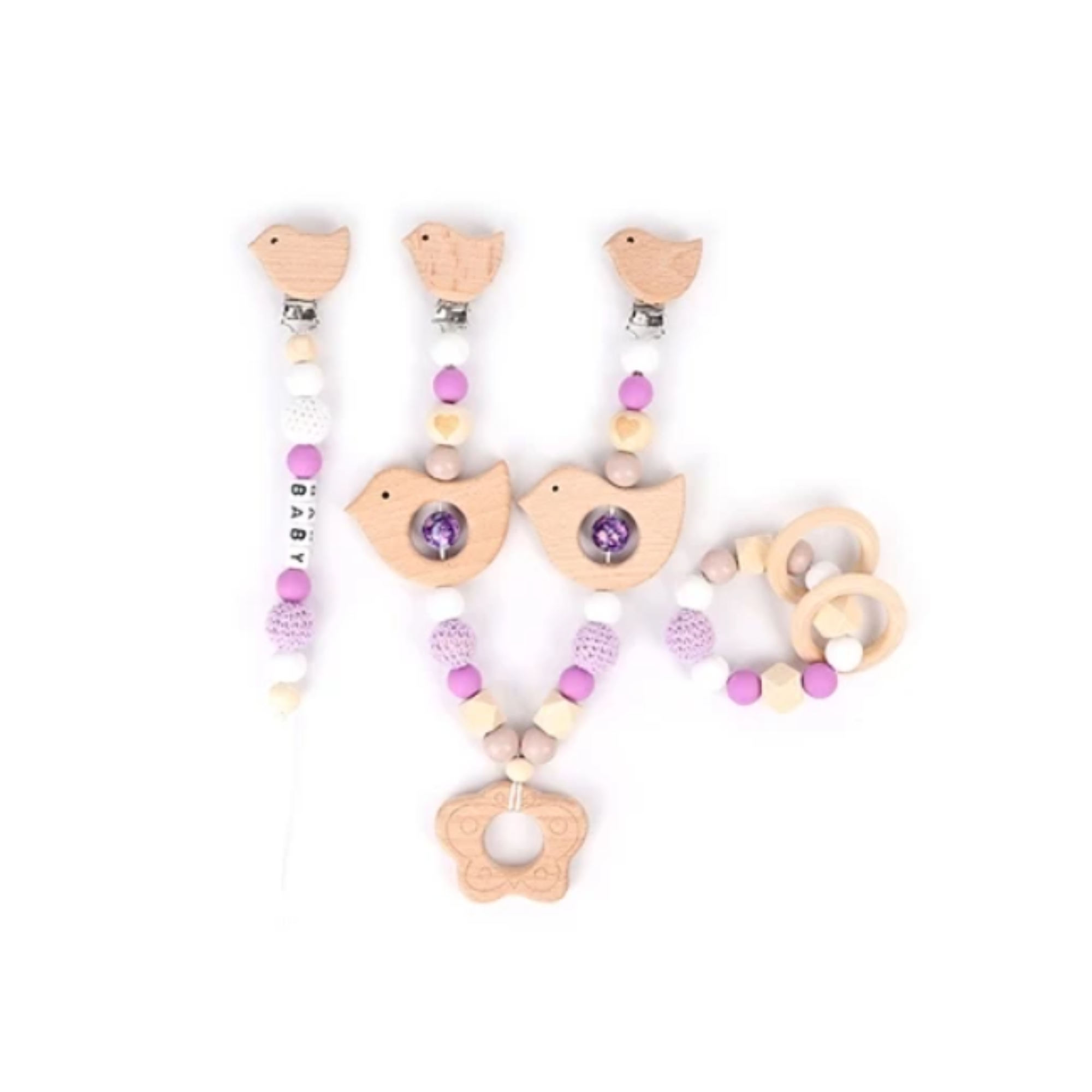 pram toy set with hanging garland, teether bracelet, and dummy chain – safe, BPA-free, and perfect for baby