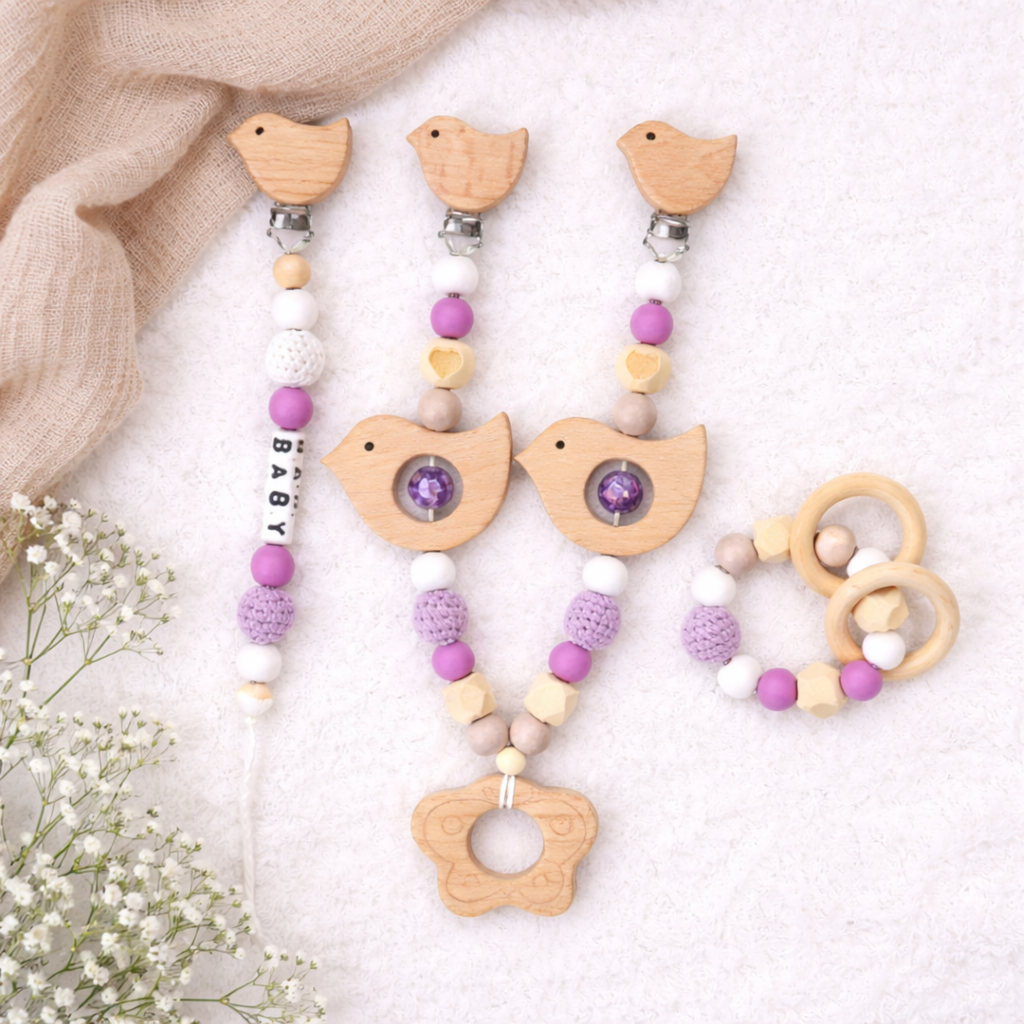 pram toy set with hanging garland, teether bracelet, and dummy chain – safe, BPA-free, and perfect for baby