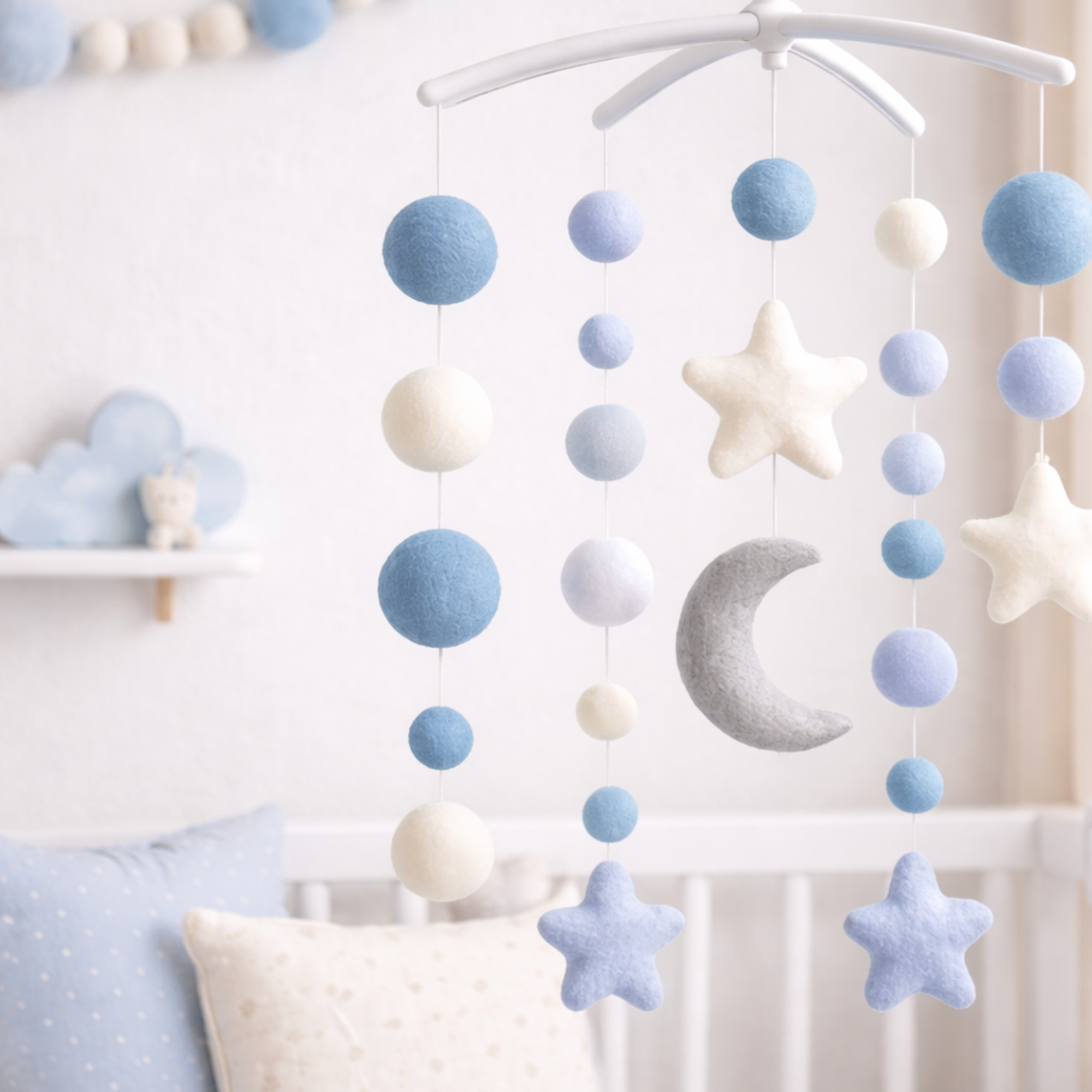 Felt Pom Pom Cot Mobile & Garland Set (4 Pieces) – Handcrafted Nursery Decor