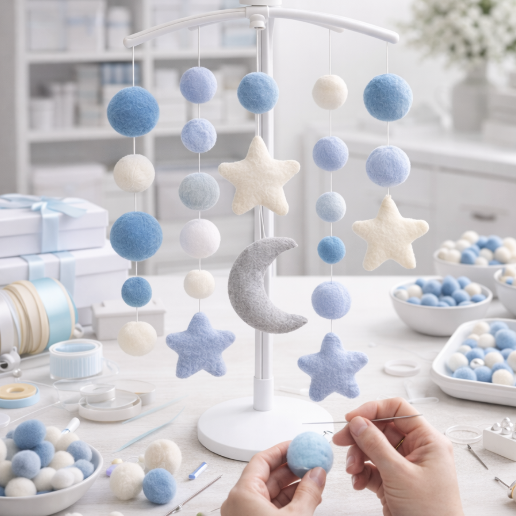 Felt ball cot mobile with mobile arm, music box, and bunting for newborn gift