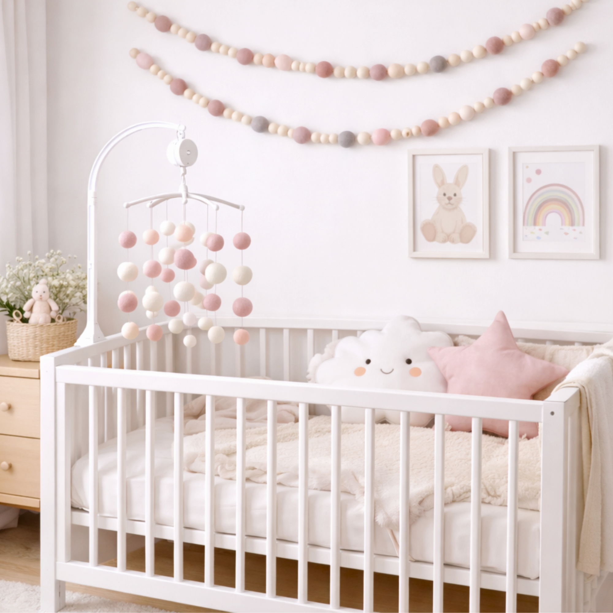 Felt Pom Pom Cot Mobile & Garland Set (4 Pieces) – Handcrafted Nursery Decor