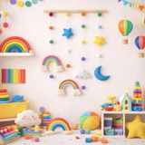 Macrame Rainbow Wall Hanging – Organic Cotton Nursery Decor with Felt Pom Poms, Stars and Moons
