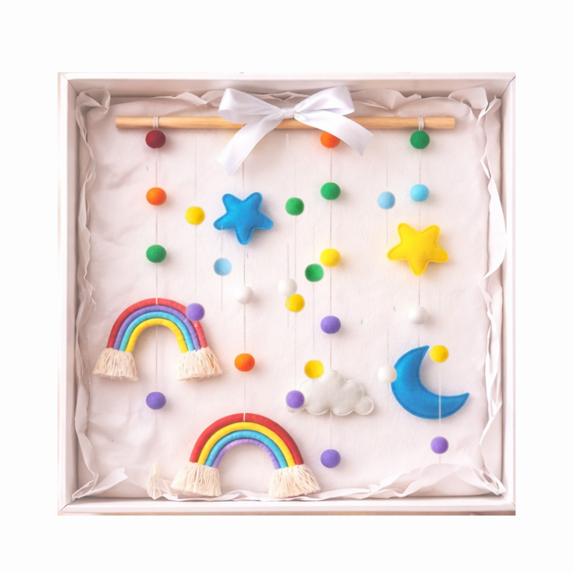 Macrame Rainbow Wall Hanging – Organic Cotton Nursery Decor with Felt Pom Poms, Stars and Moons