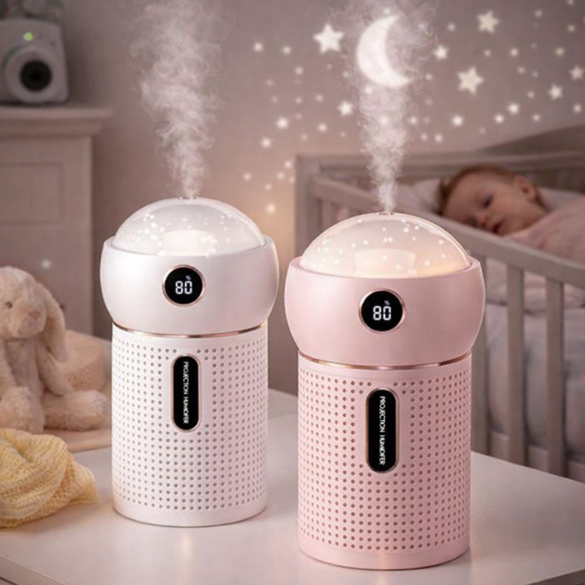 Portable nursery sleep aid for babies and toddlers with calming light and air moisture control