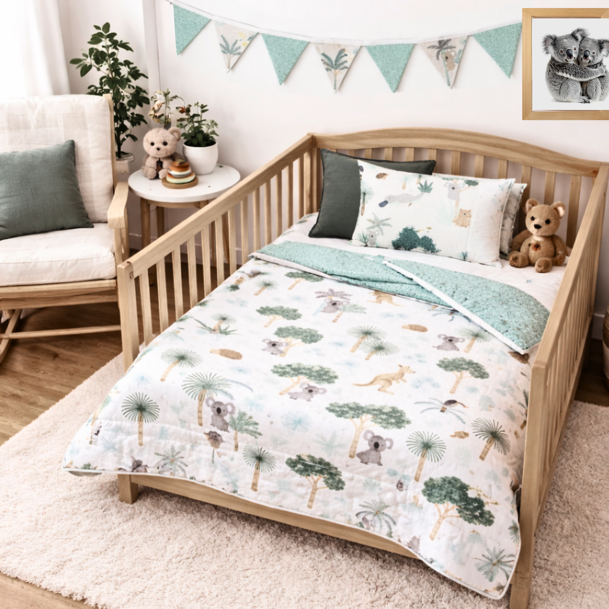 Double sided Cot or Toddler bedding set AUSTRALIAN WOODLAND