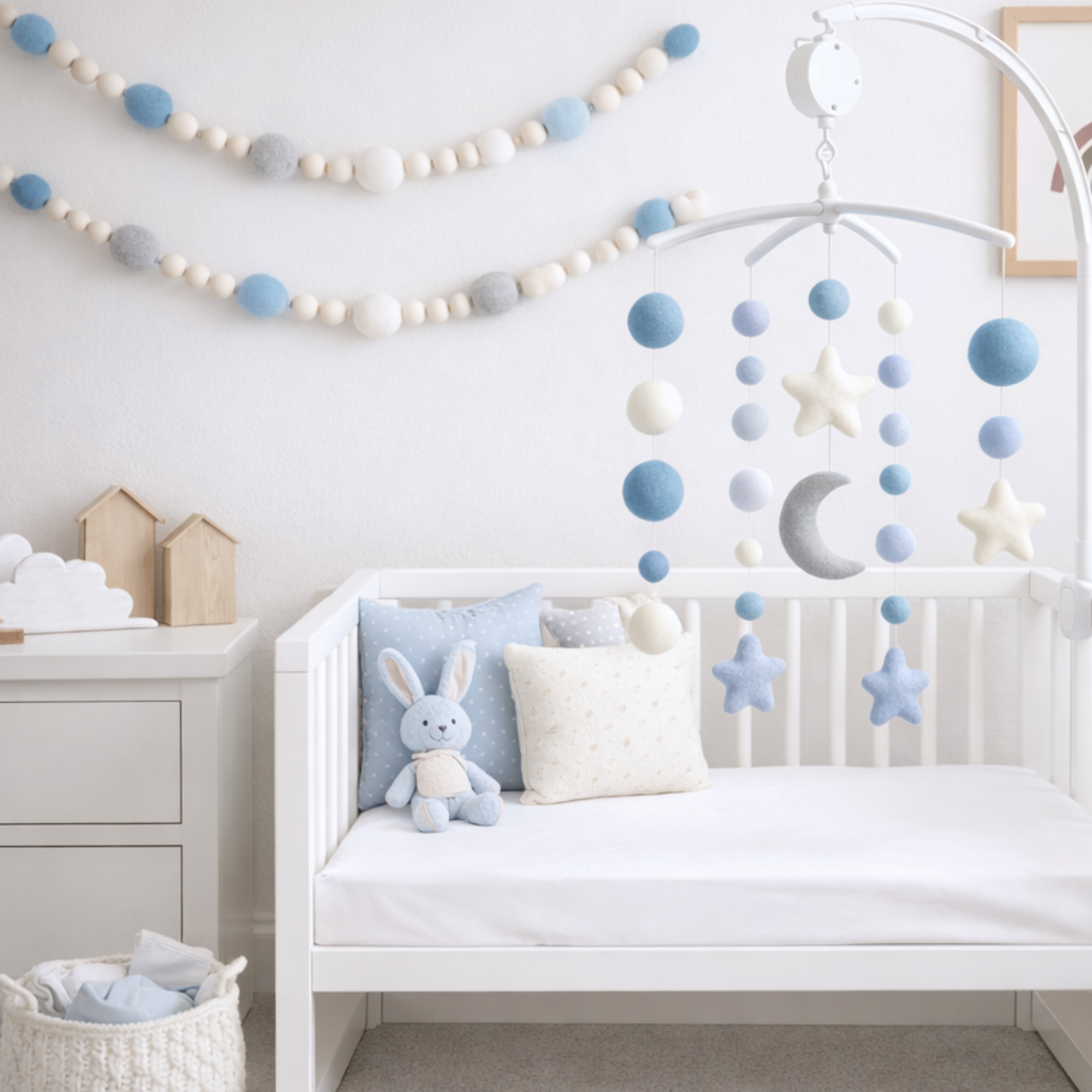 Felt ball cot mobile with mobile arm, music box, and bunting for newborn gift