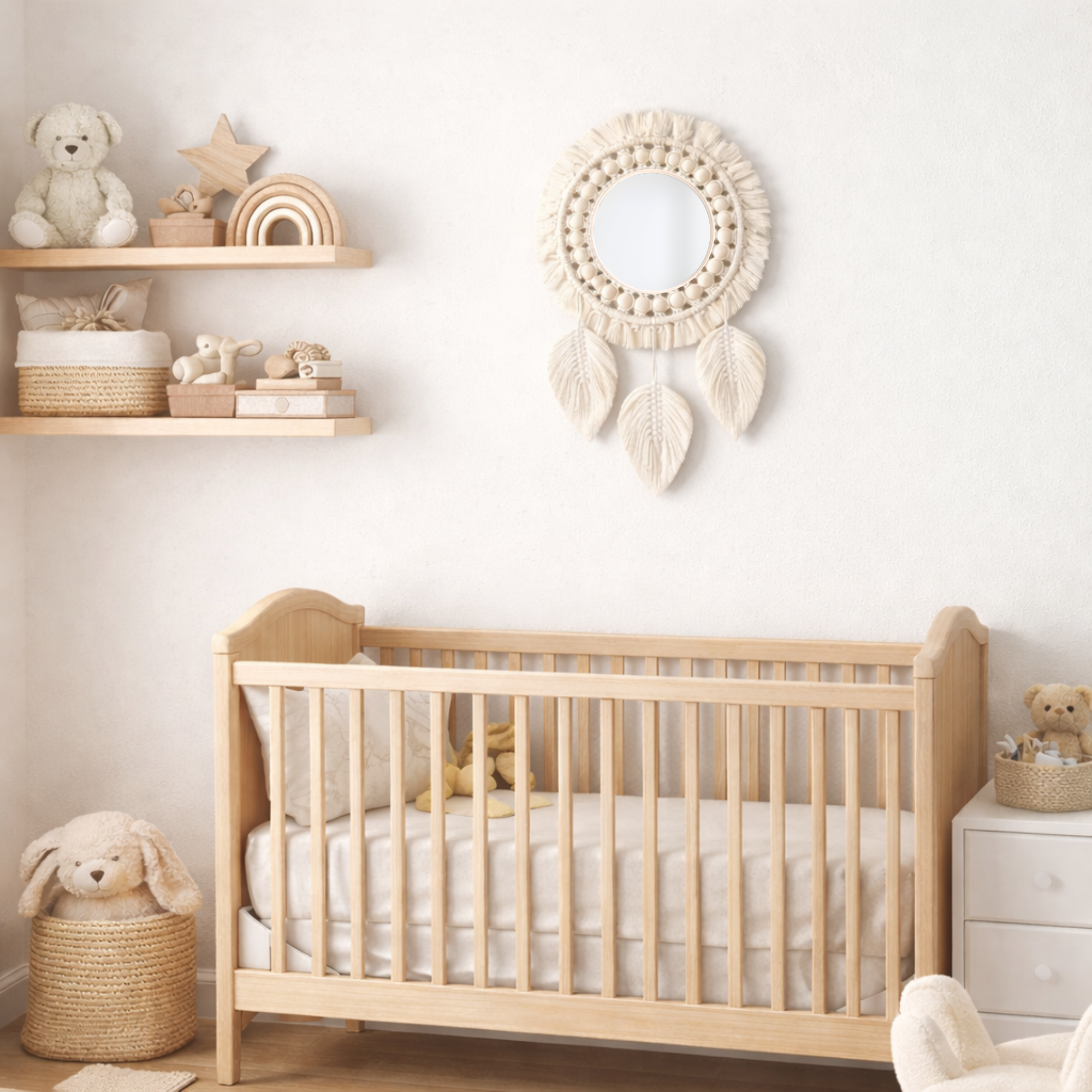 Cotton rope macrame feather wall mirror, handmade boho nursery decor, medium 25cm glass, tassel wall hanging, bohemian home decoration