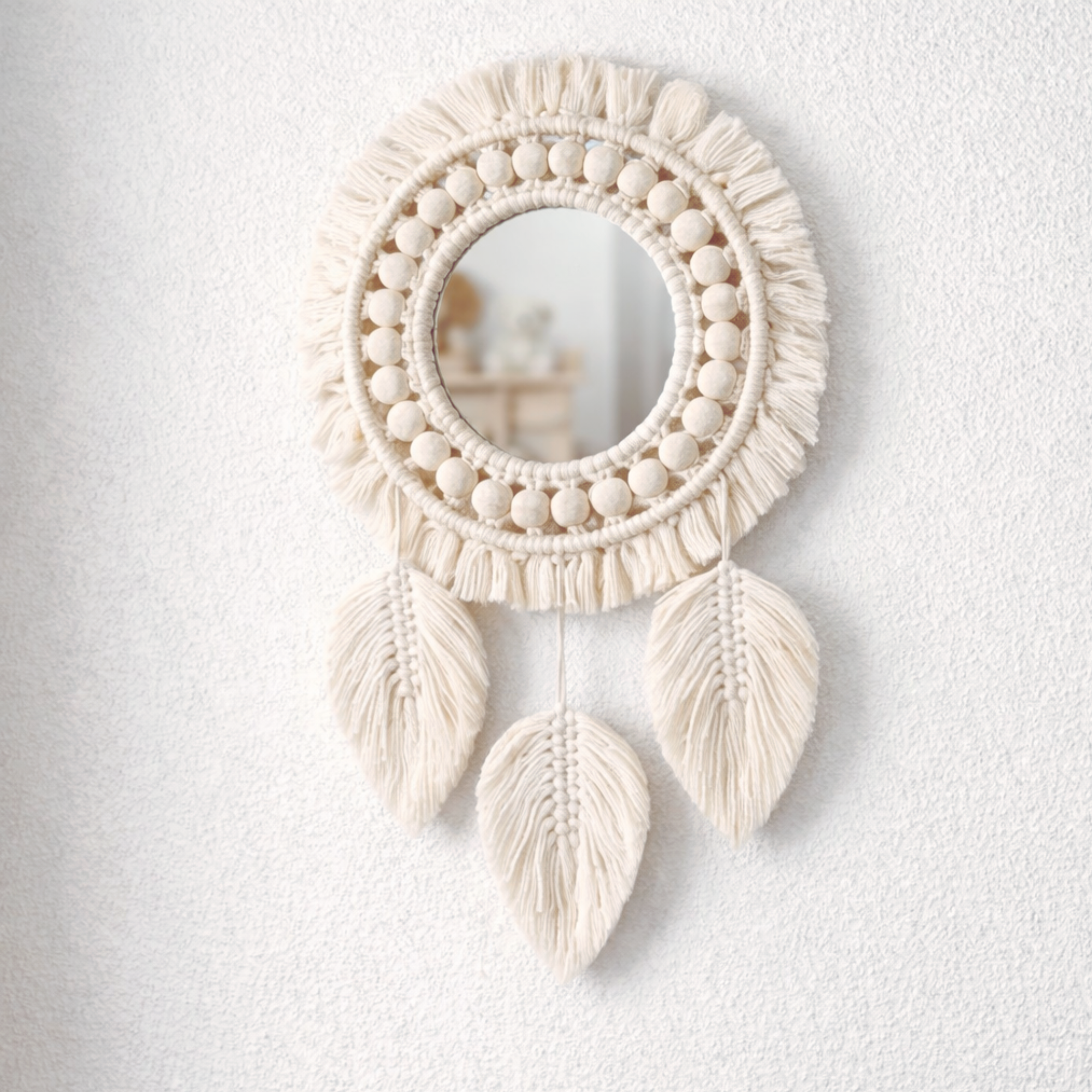 Cotton rope macrame feather wall mirror, handmade boho nursery decor, medium 25cm glass, tassel wall hanging, bohemian home decoration