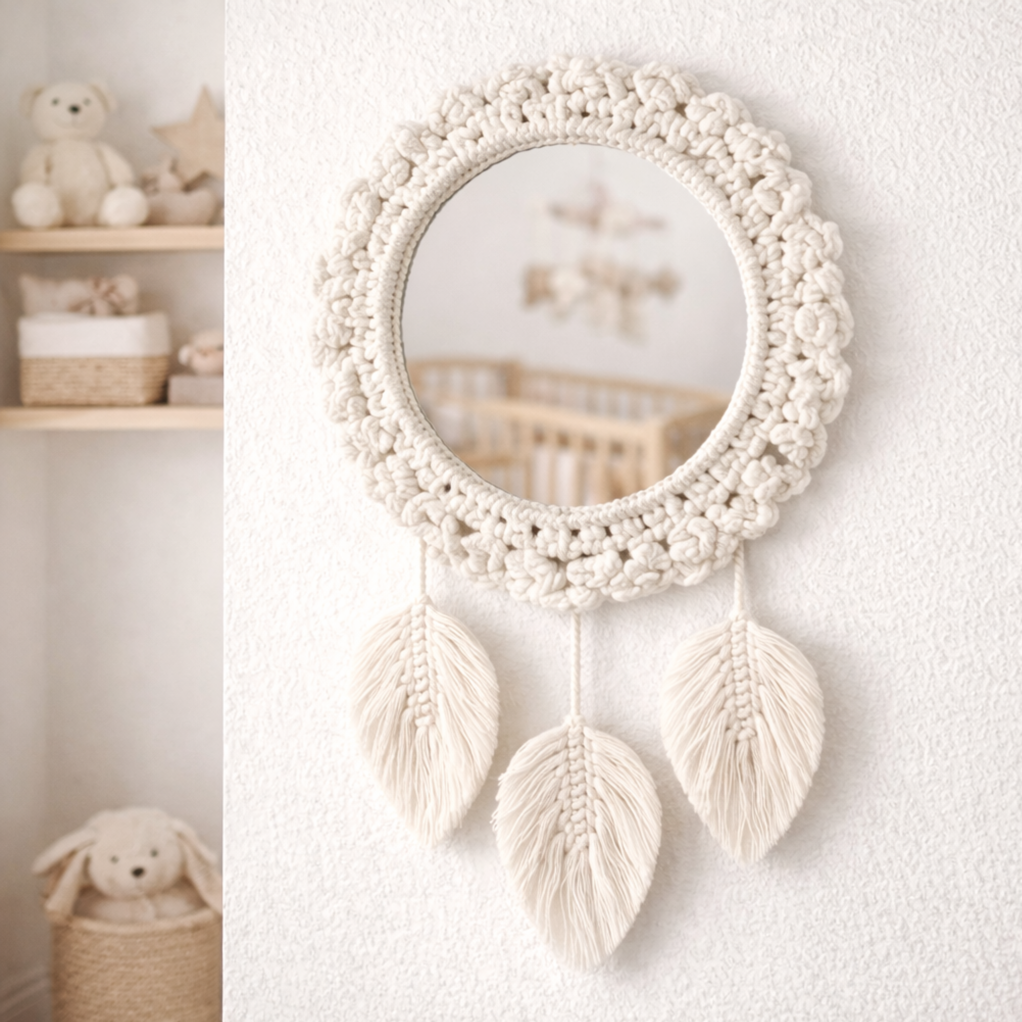 Cotton rope macrame feather wall mirror, handmade boho nursery decor, medium 25cm glass, tassel wall hanging, bohemian home decoration