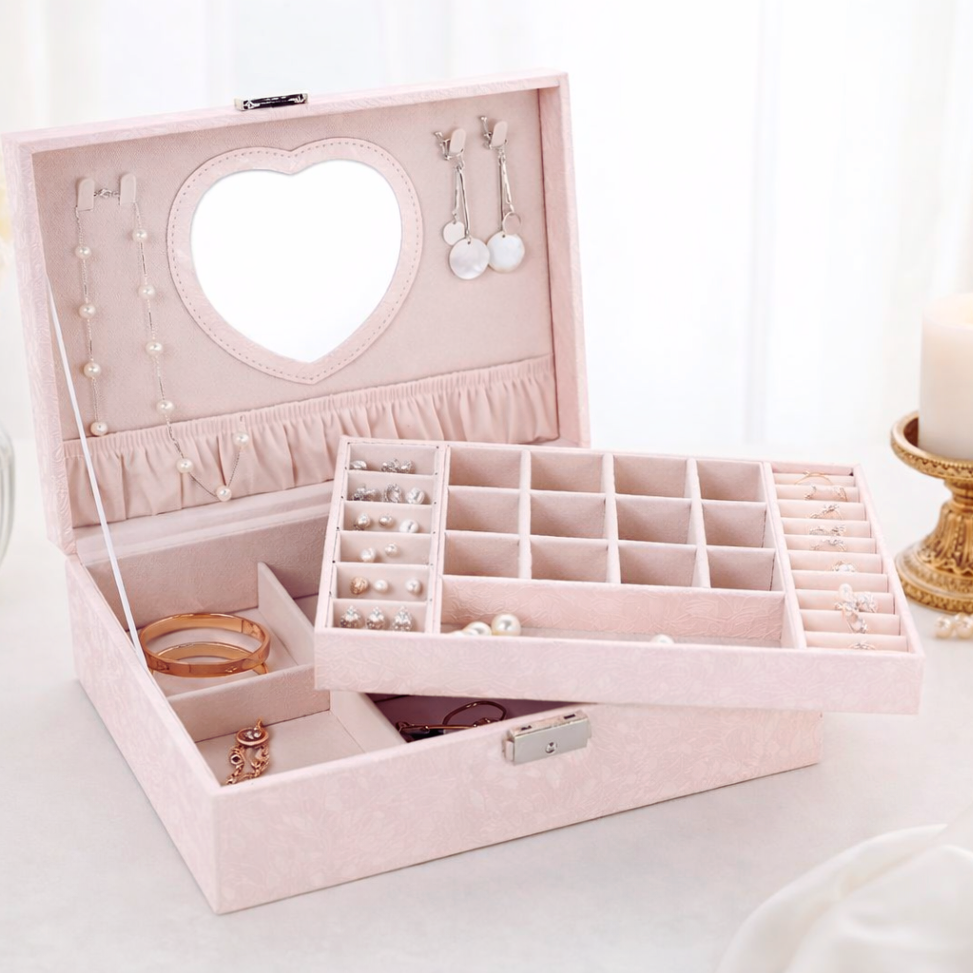 Large jewellery box with removable tray PINK or WHITE