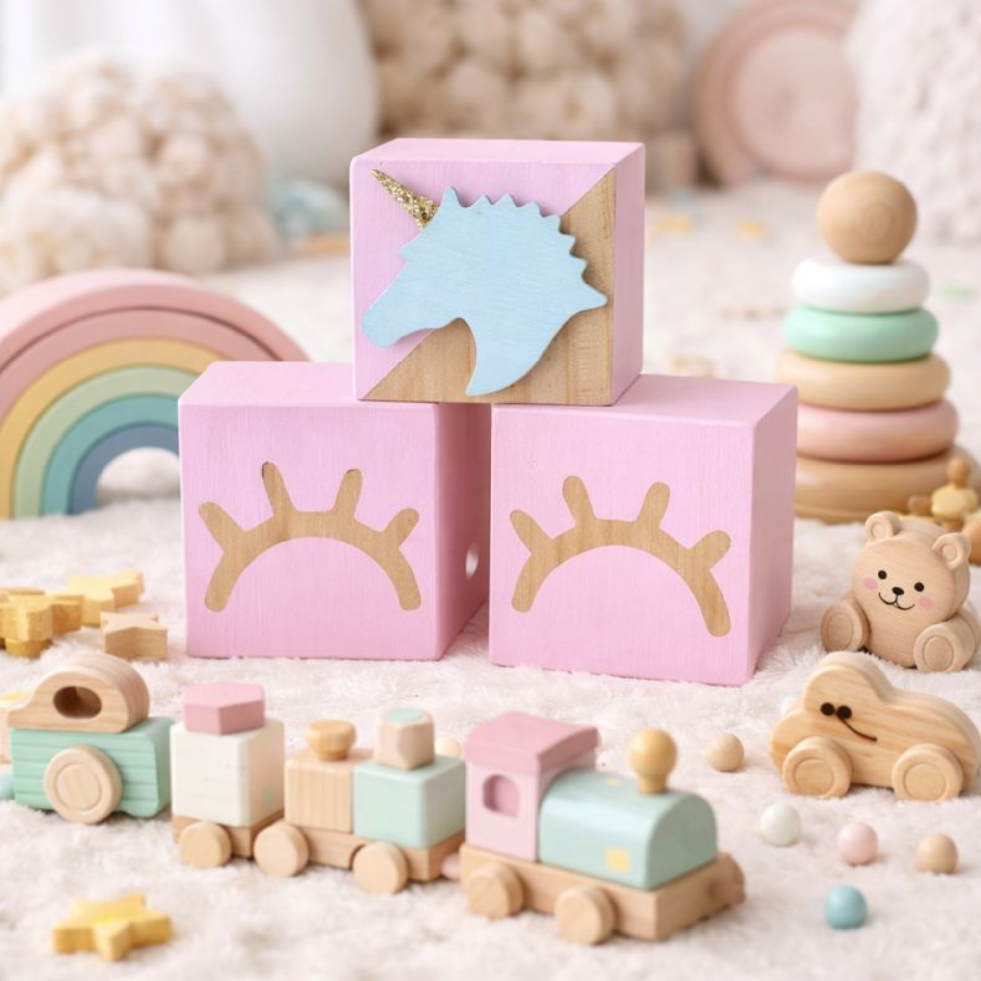 Decorative Wooden Cubes – 3 Pack | Nursery Décor & Baby Room Accessories
