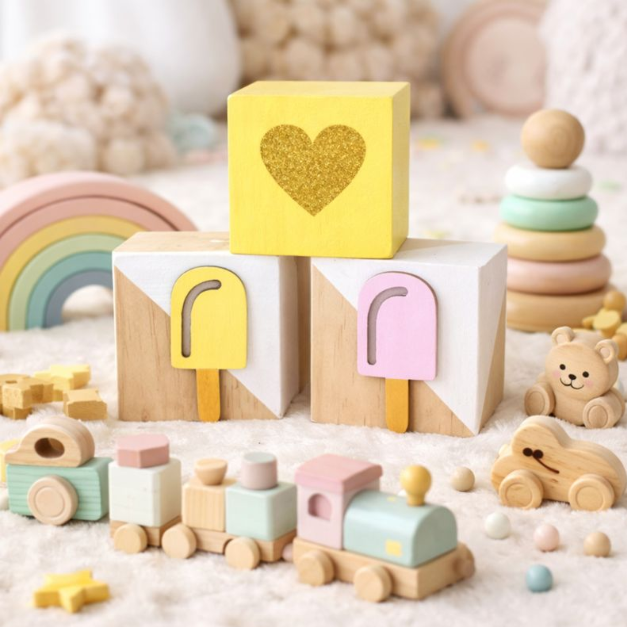 Decorative Wooden Cubes – 3 Pack | Nursery Décor & Baby Room Accessories