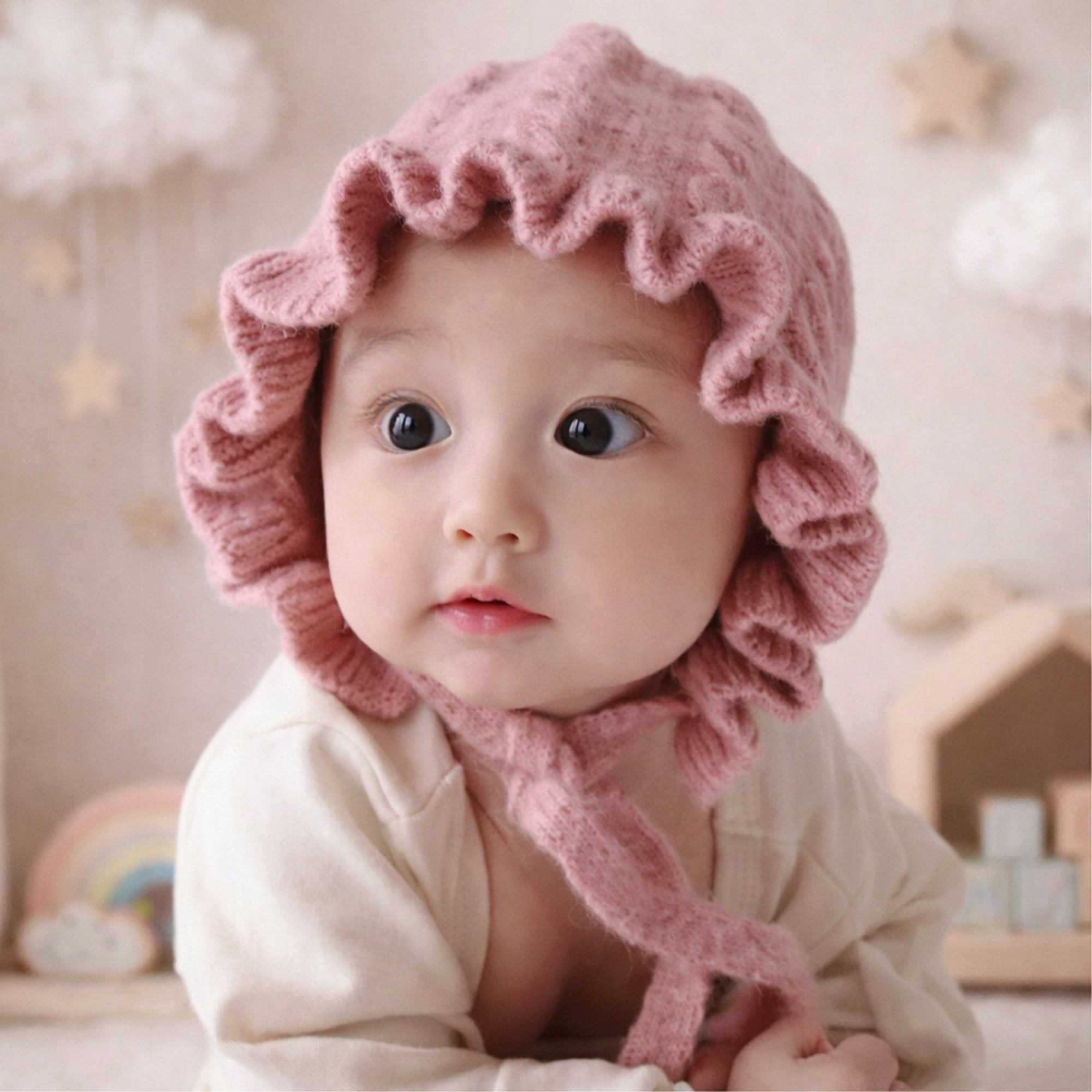 Woolen ruffle bonnet knitted baby hat, soft and stylish winter accessory