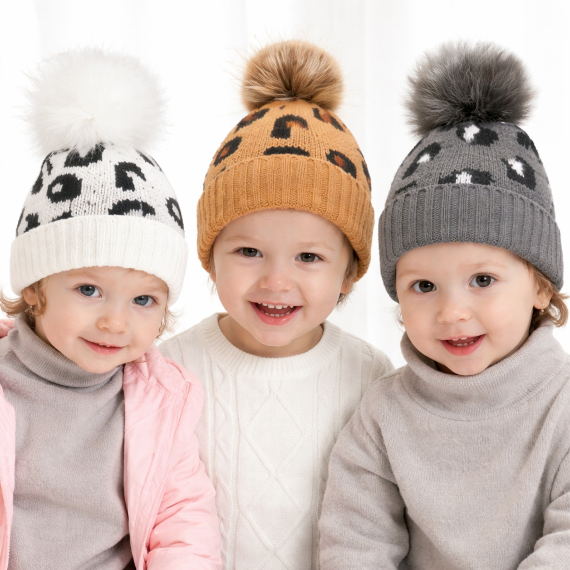 Leopard print baby beanie with pom pom, soft cotton and polyester, 6 months to 5 years