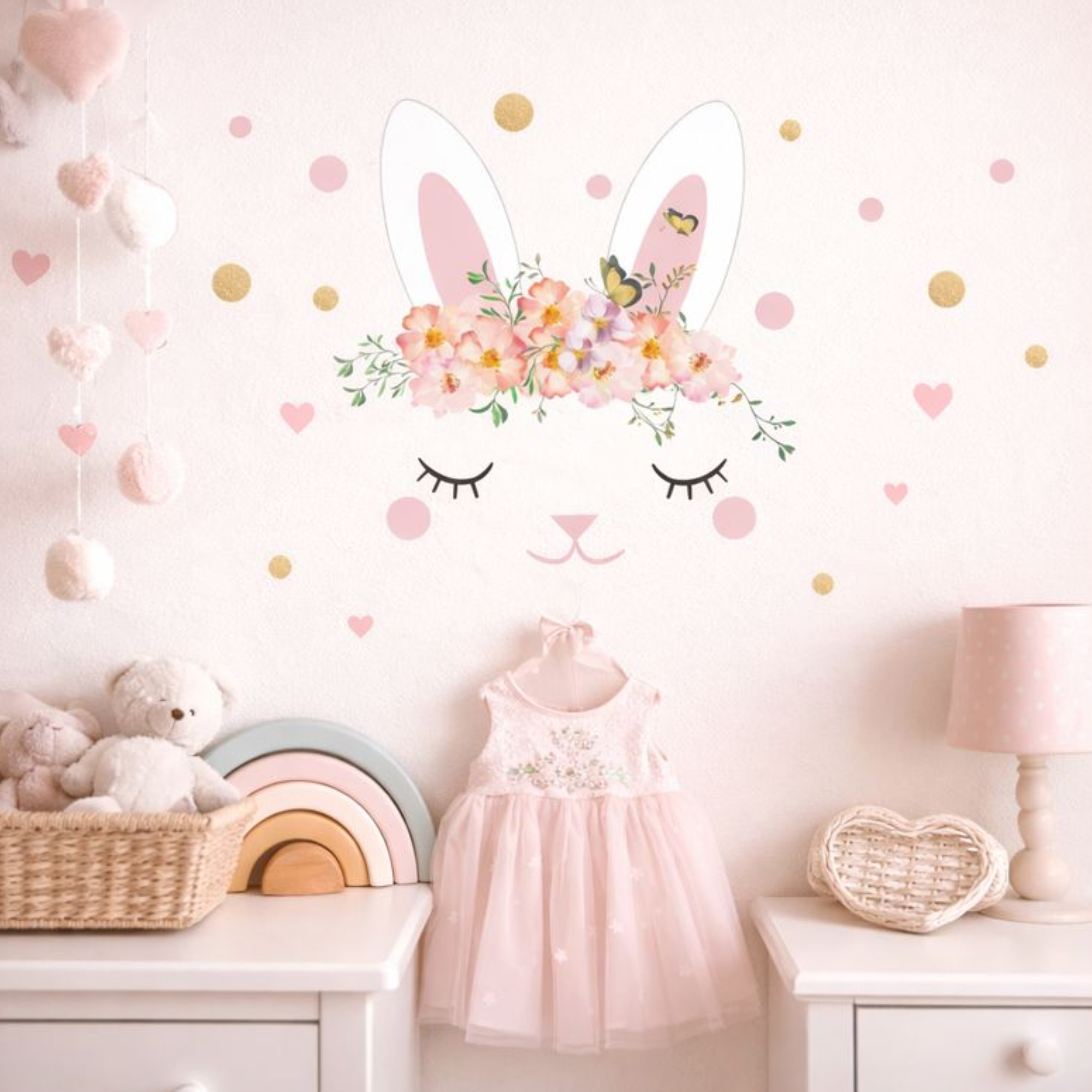 Unicorn nursery wall decals arranged on a child’s bedroom wall, featuring removable peel-and-stick unicorn wall stickers creating a fairytale mural effect