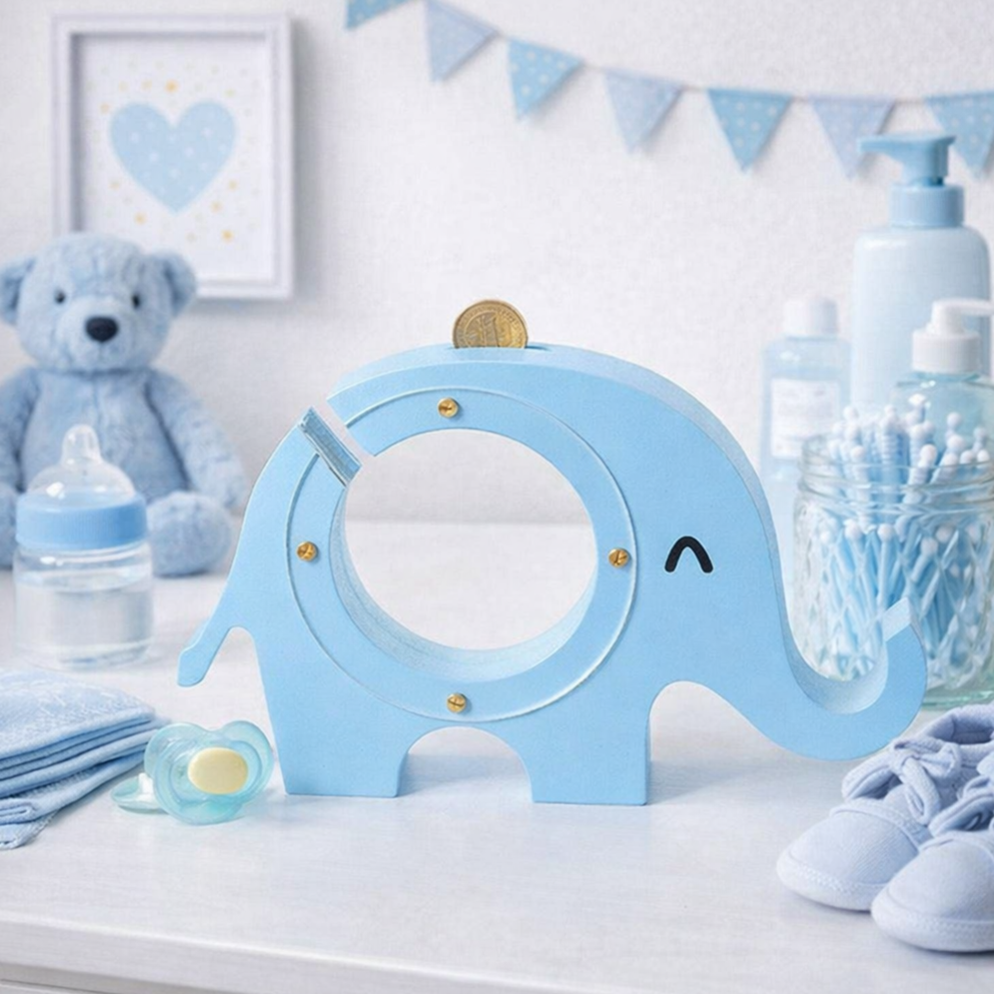 Blue elephant money box, nursery piggy bank, toddler savings bank, safe non-toxic paint
