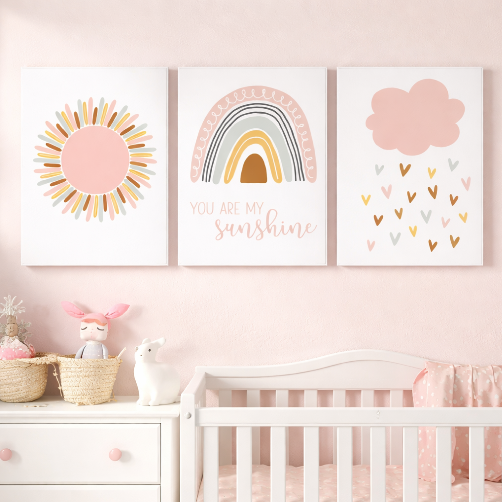 Set of 3 “You Are My Sunshine” canvas wall art paintings for nursery, bedroom, or playroom, 30x40cm each, framed