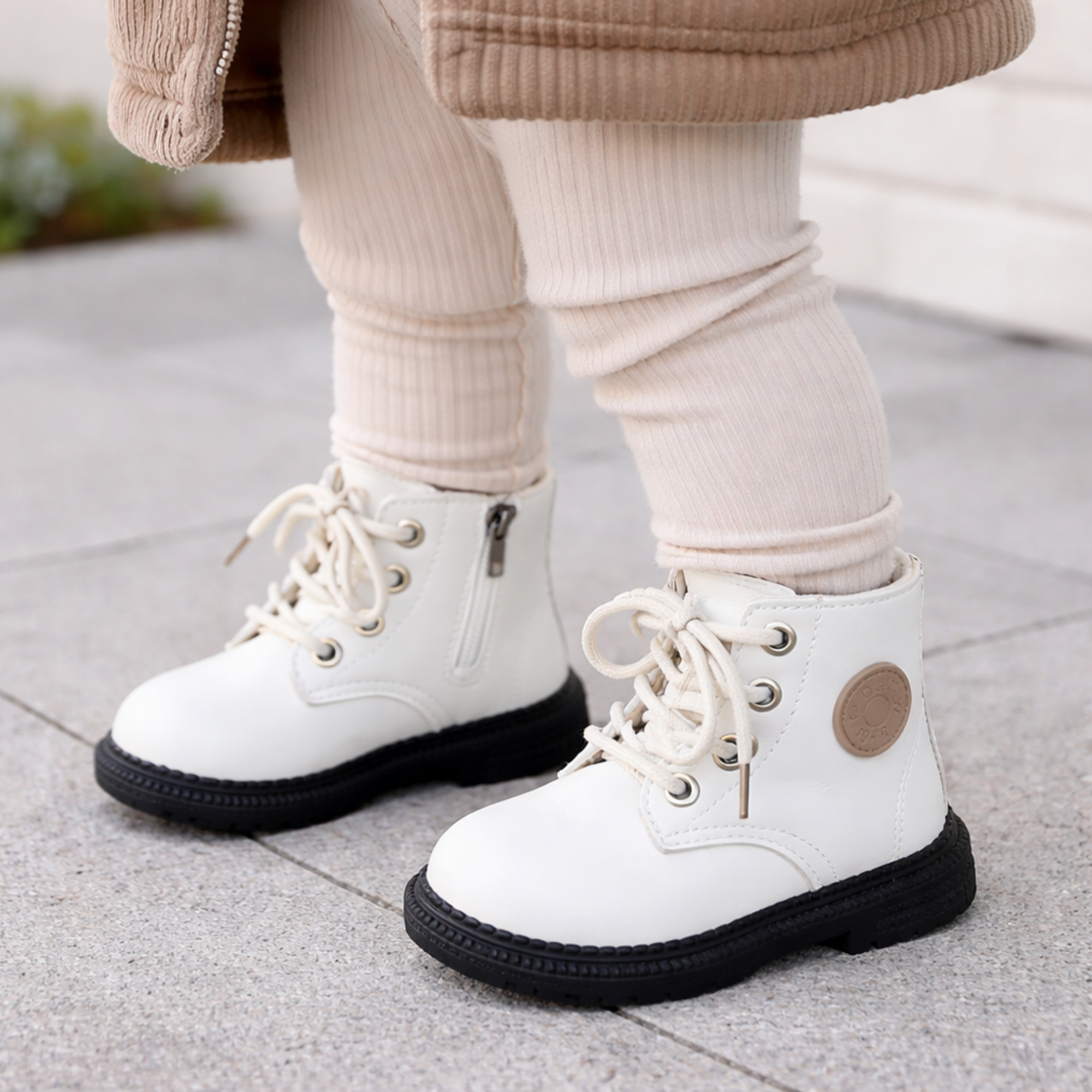 Toddler mini worker boots in pink and white, waterproof PU leather with anti-slip rubber sole, lace and side zip, toddler girls shoes
