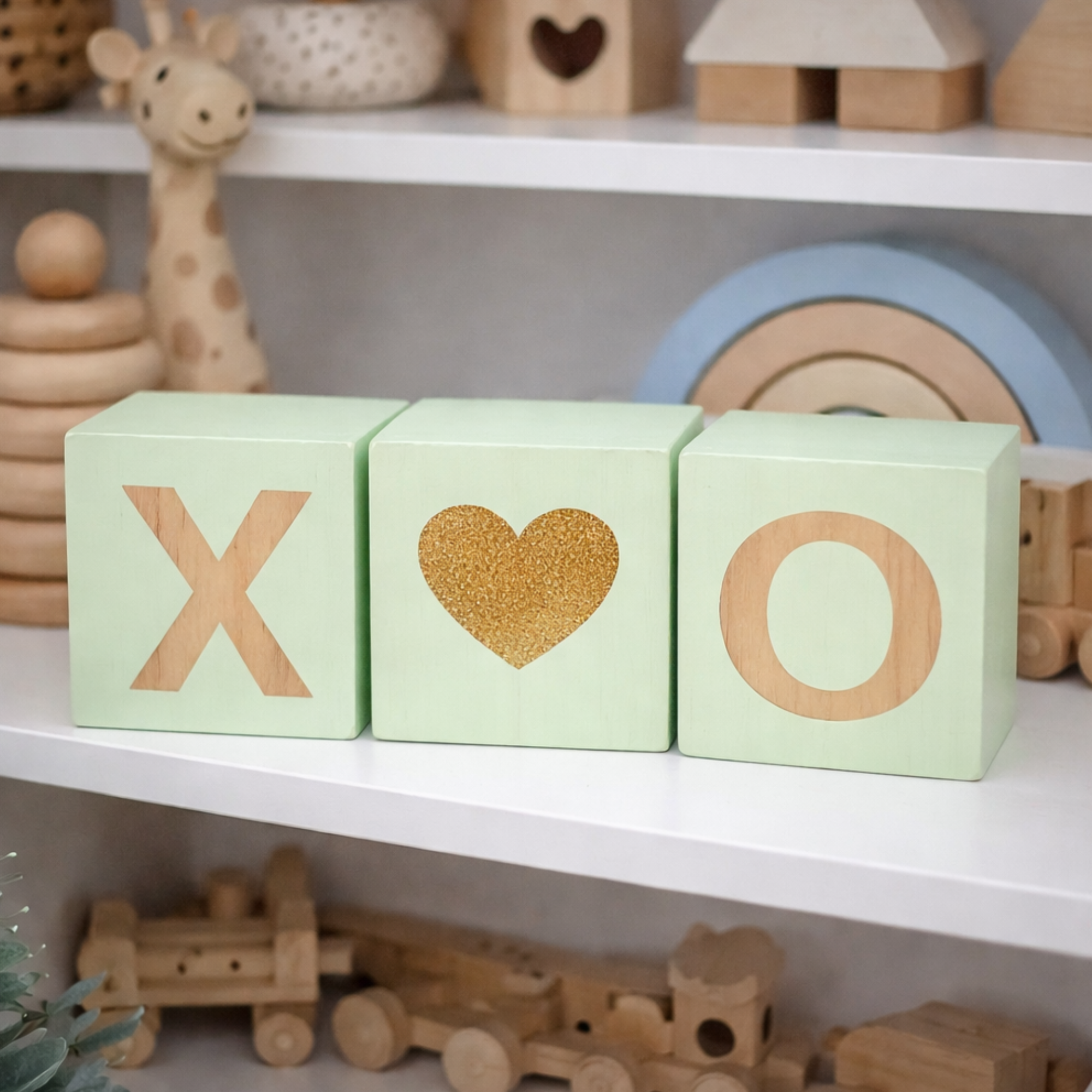 Decorated wooden cube ornaments 3 pack, baby-safe pine wood blocks, nursery shelf décor, hand-painted baby-friendly cubes, Scandinavian nursery decoration