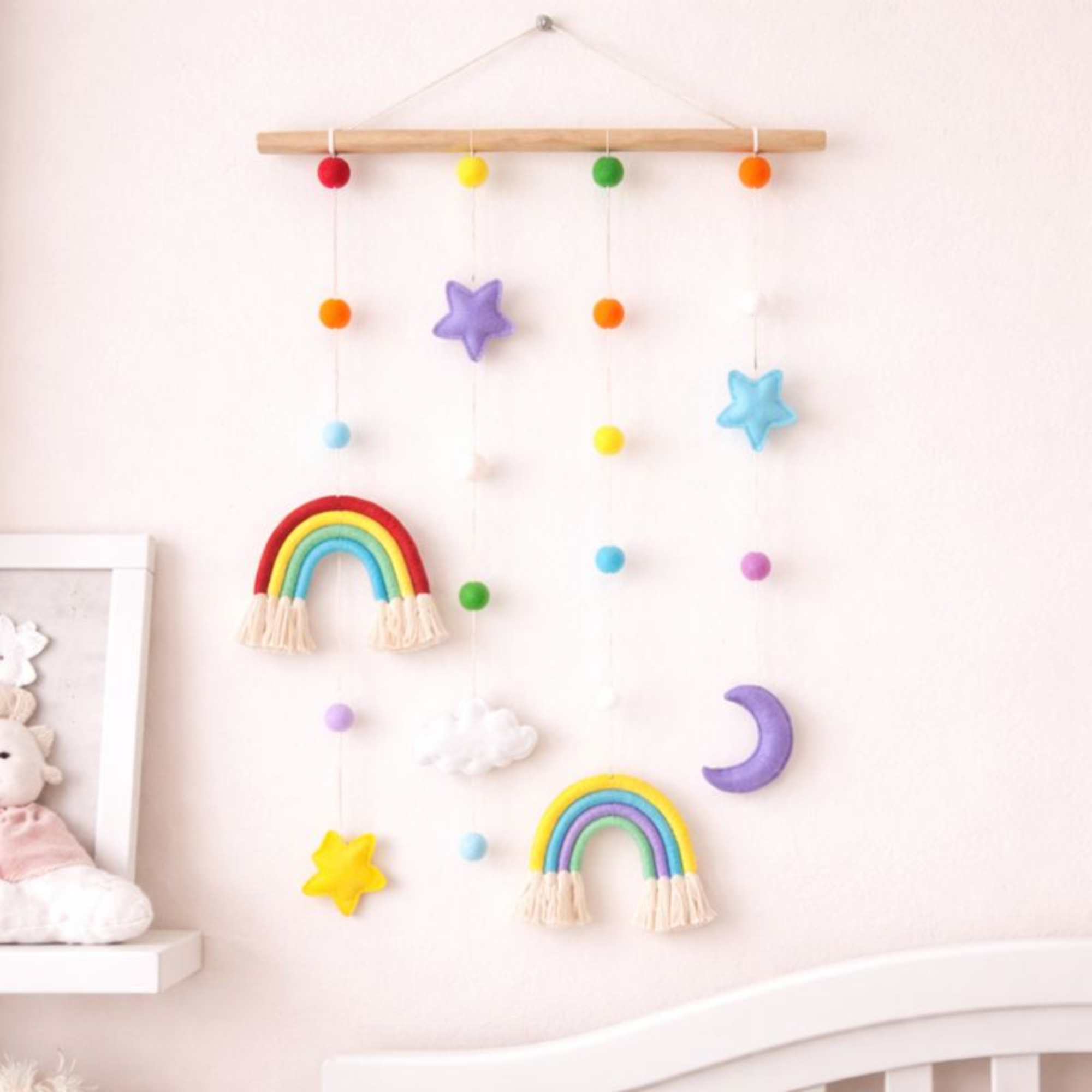 Macrame rainbow wall hanging with organic cotton and felt pom poms for nursery decor, 95cm, boho baby room decoration