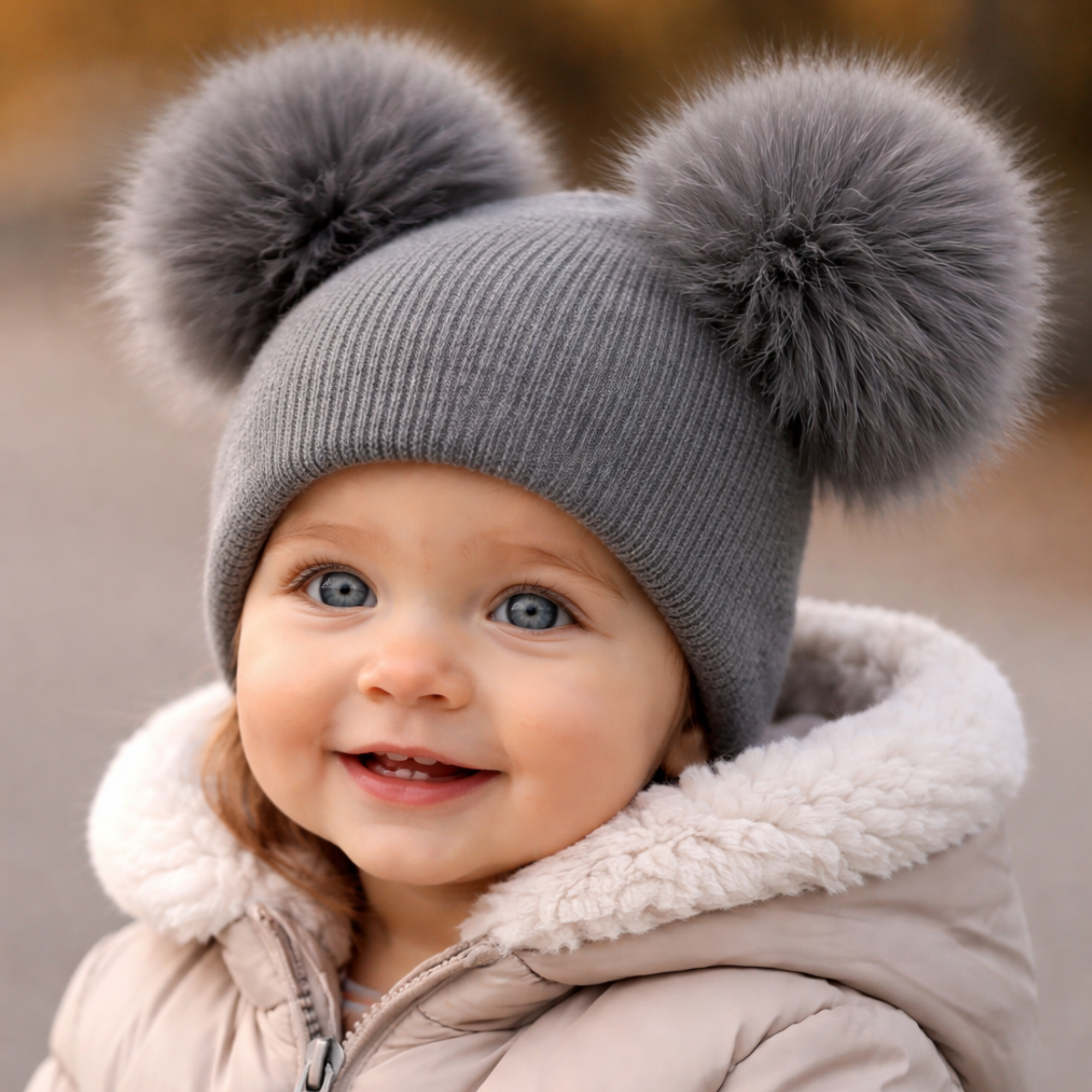 Child wearing a gray knit hat with two large gray pom-poms, standing outdoors.