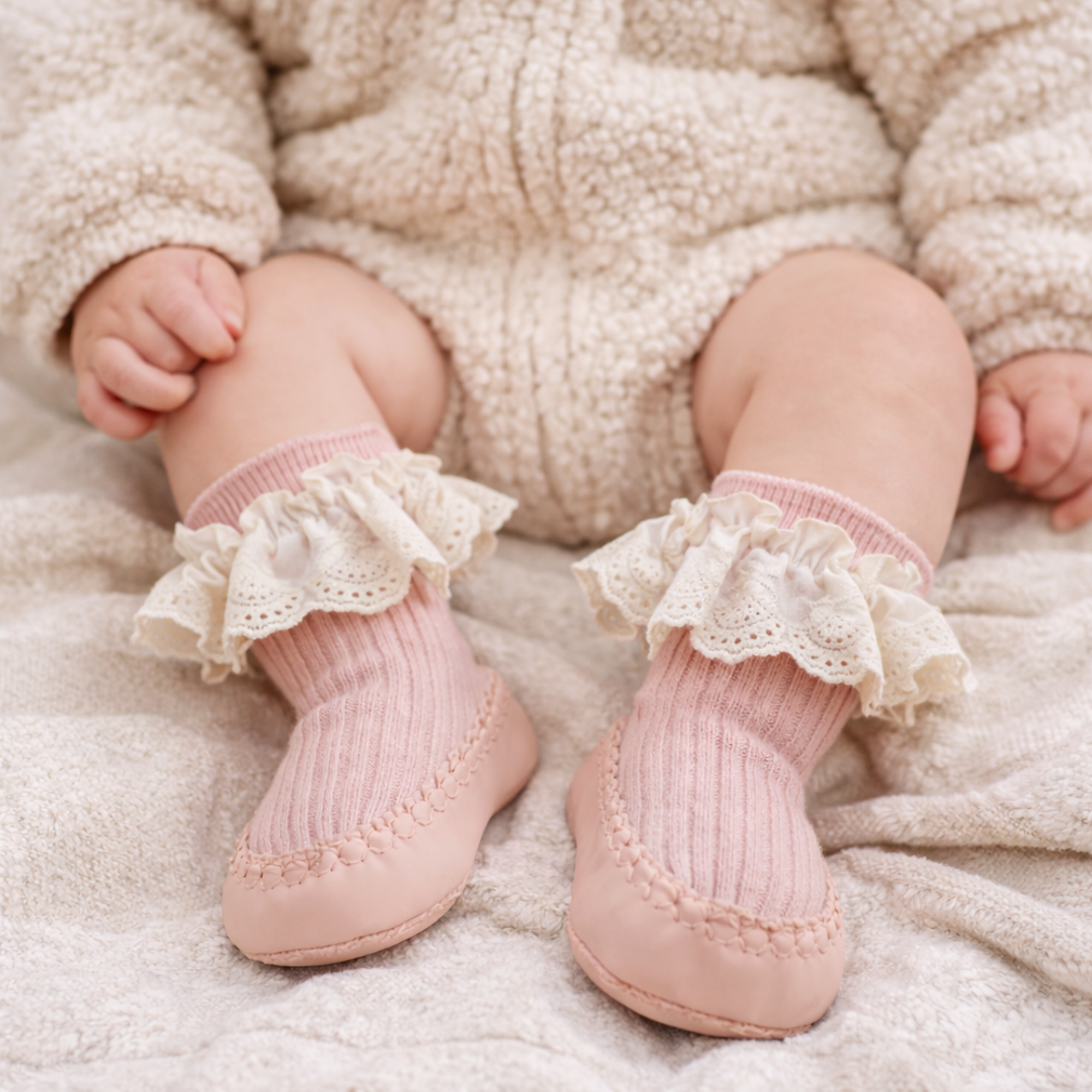 Anti-slip baby socks with ruffle detail, toddler pre-walker socks, non-skid soft grip socks for babies and toddlers, indoor and outdoor toddler socks