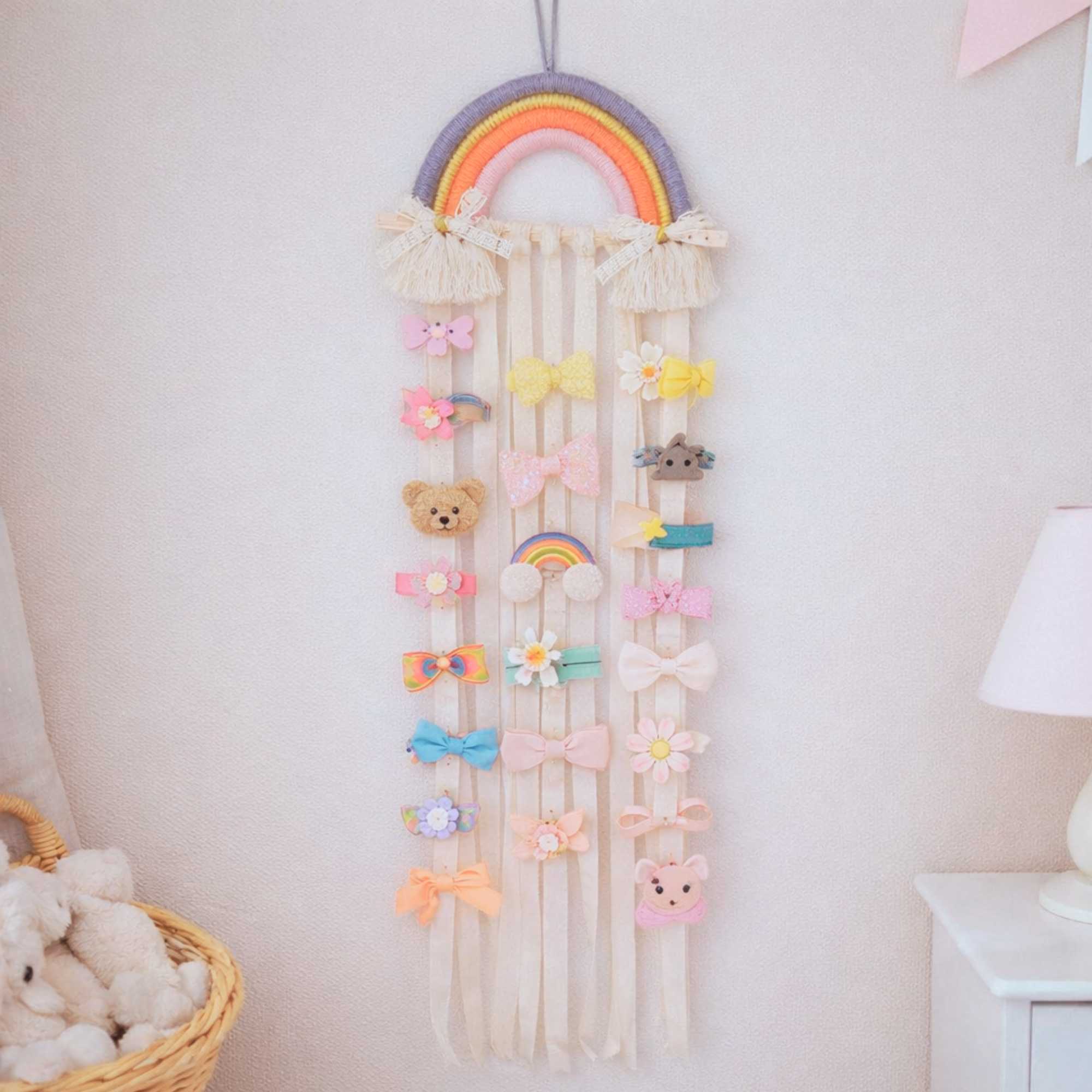 Macrame rainbow wall hanging hair clip display with cotton and lace, 28cm x 75cm, random color selection, boho nursery decoration
