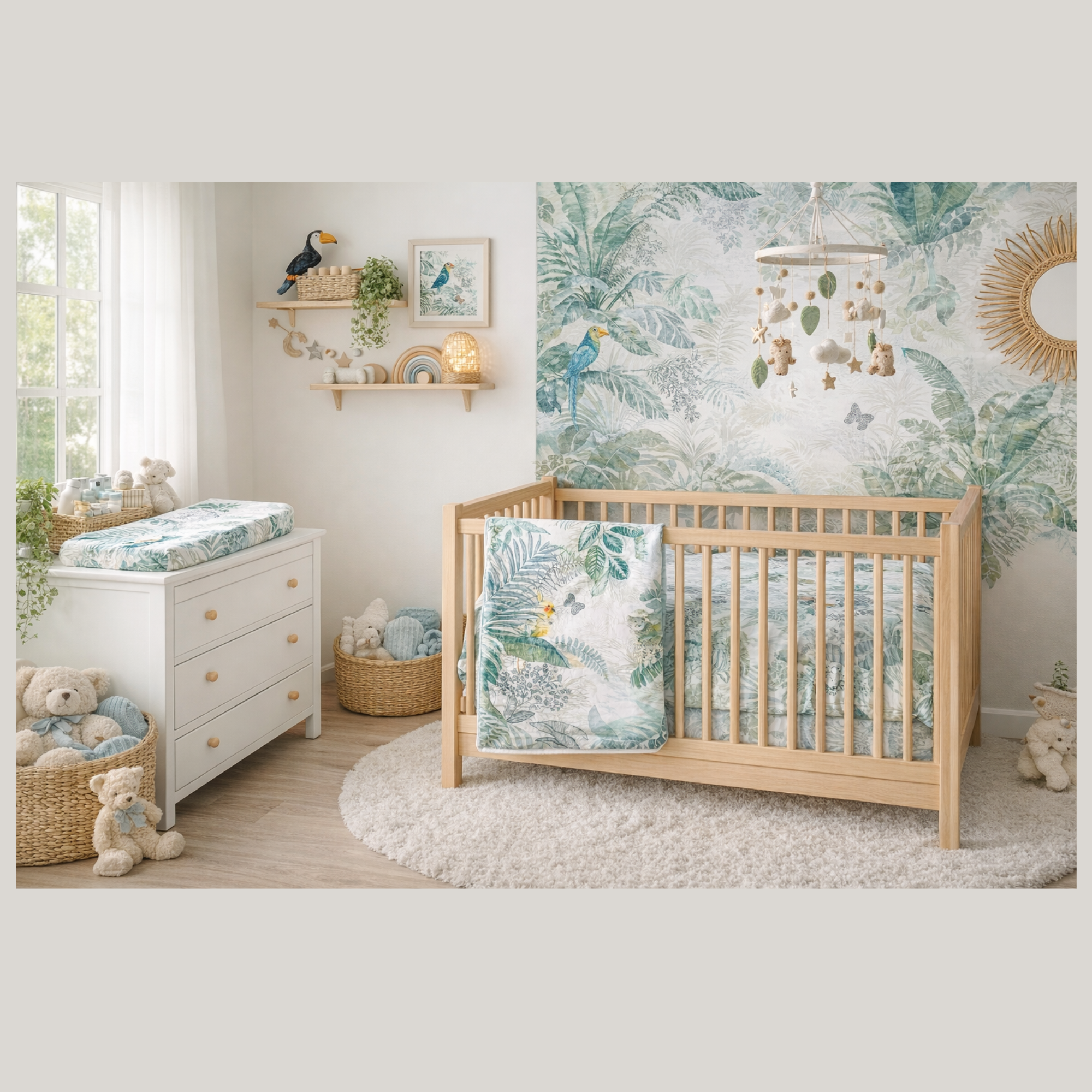 Double sided cot or toddler bedding set TROPICAL JUNGLE