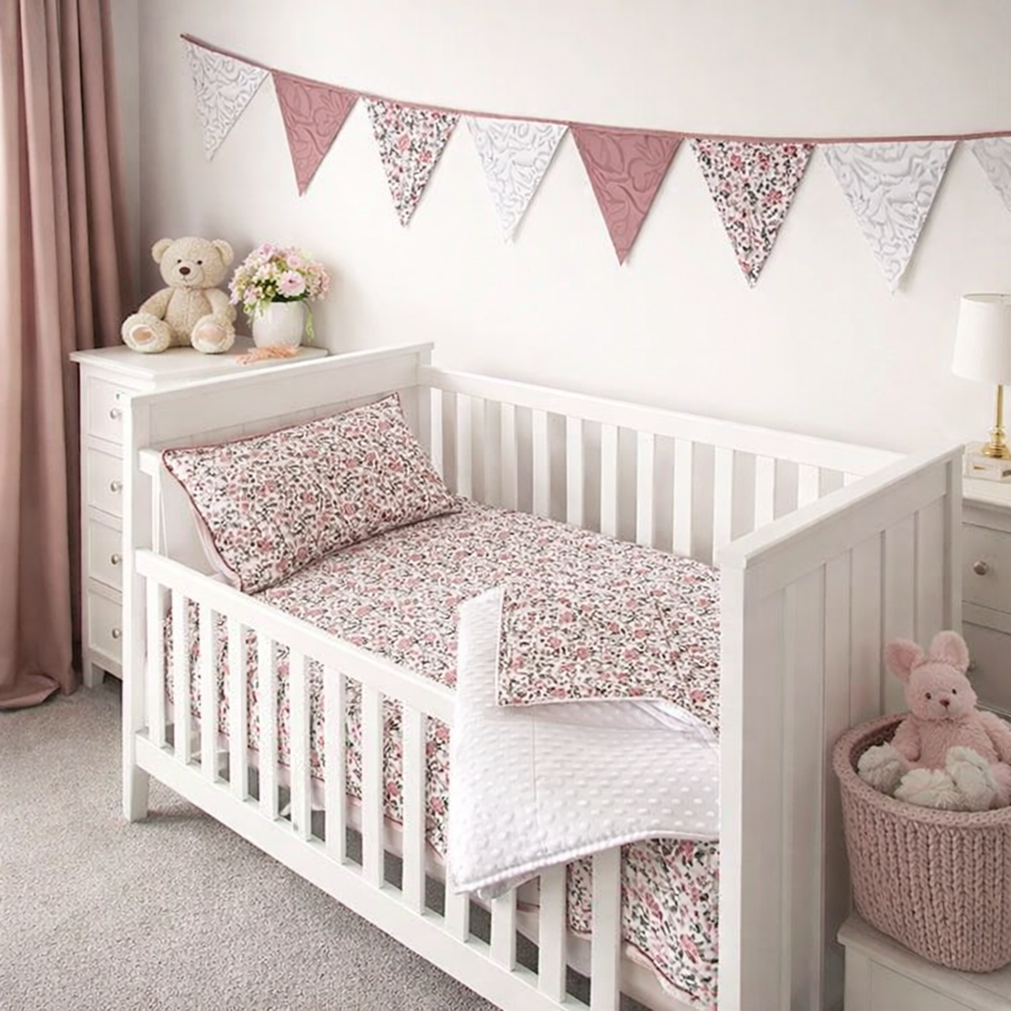 Double sided cot or toddler bedding set DUSTY BLOOM