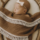 Tassel fringed boho baby swaddle in CHOCOLATE