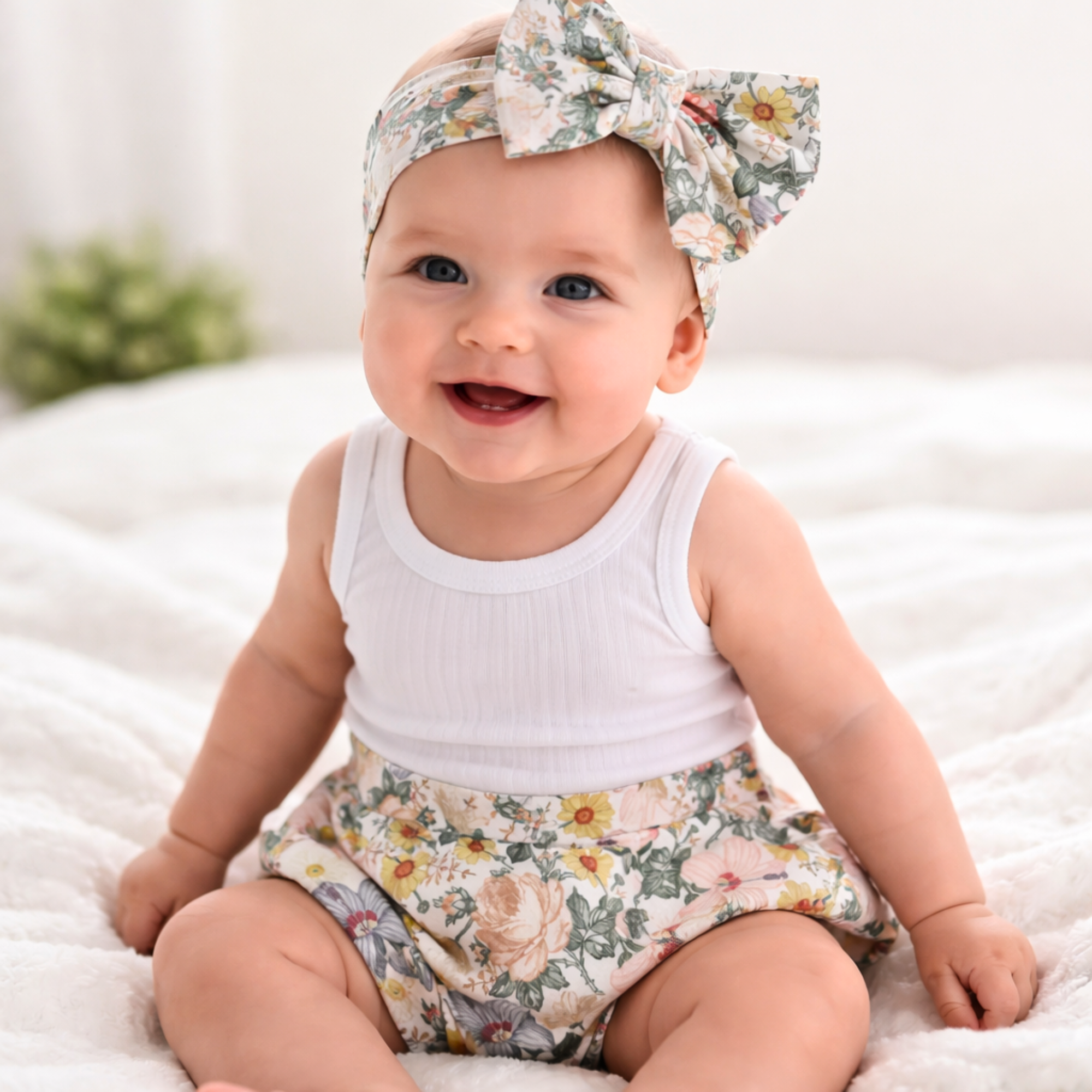 High waisted baby nappy cover and matching headband set for 6–12 month old babies, soft stretchy fabric with bright pattern.