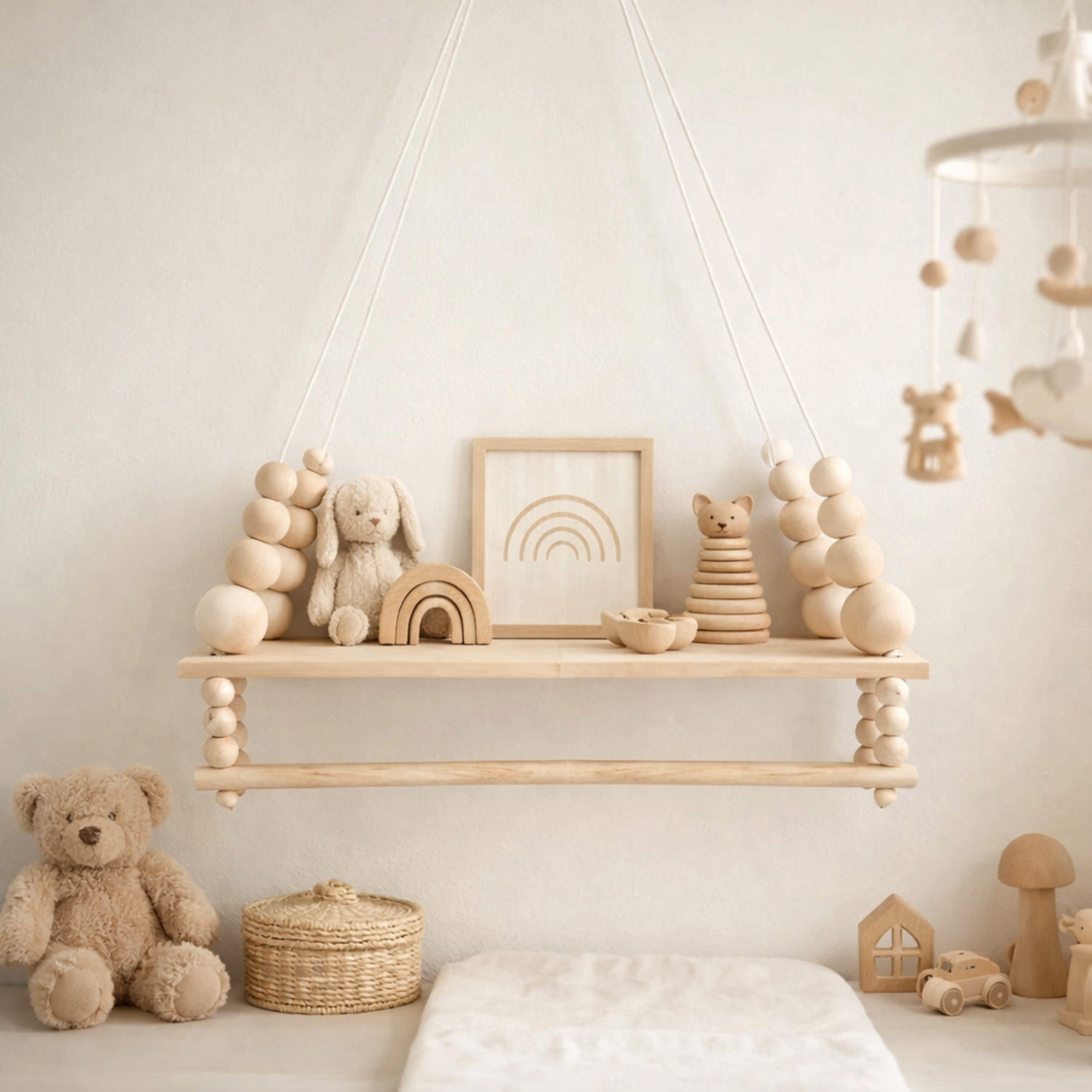 Wooden bead shelf with hanging rail nursery decor