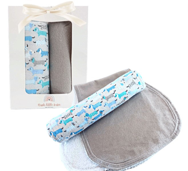 Bunny & burp cloth baby gift sets in blue or pink