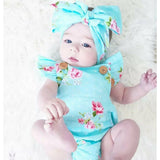Summer floral ruffle sleeve baby jumpsuit onesie and matching headband