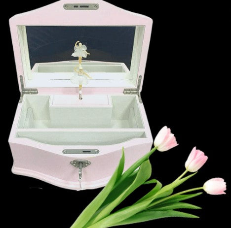 Large wind-up musical ballerina jewellery box & key (Swan Lake) - PINK