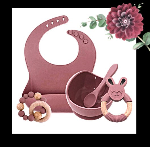5 piece silicone essential baby gift set in ROSE PINK