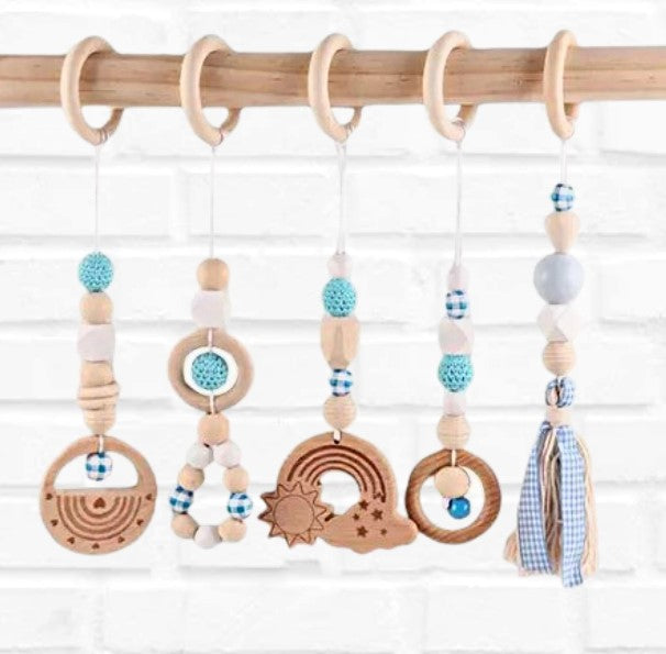 Wooden hanging toys - boho baby activity set in BLUE (5 piece)